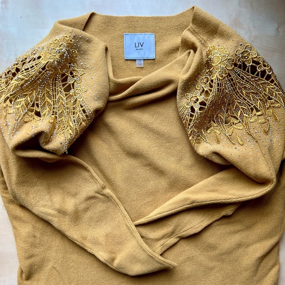 Mustard Yellow Sweater with Lace and Sparkle Detail